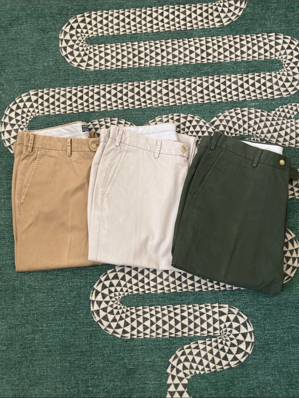 Lot of 3 Peter Millar Chinos in Tan, Cream, and Dark Green. Size 36x32